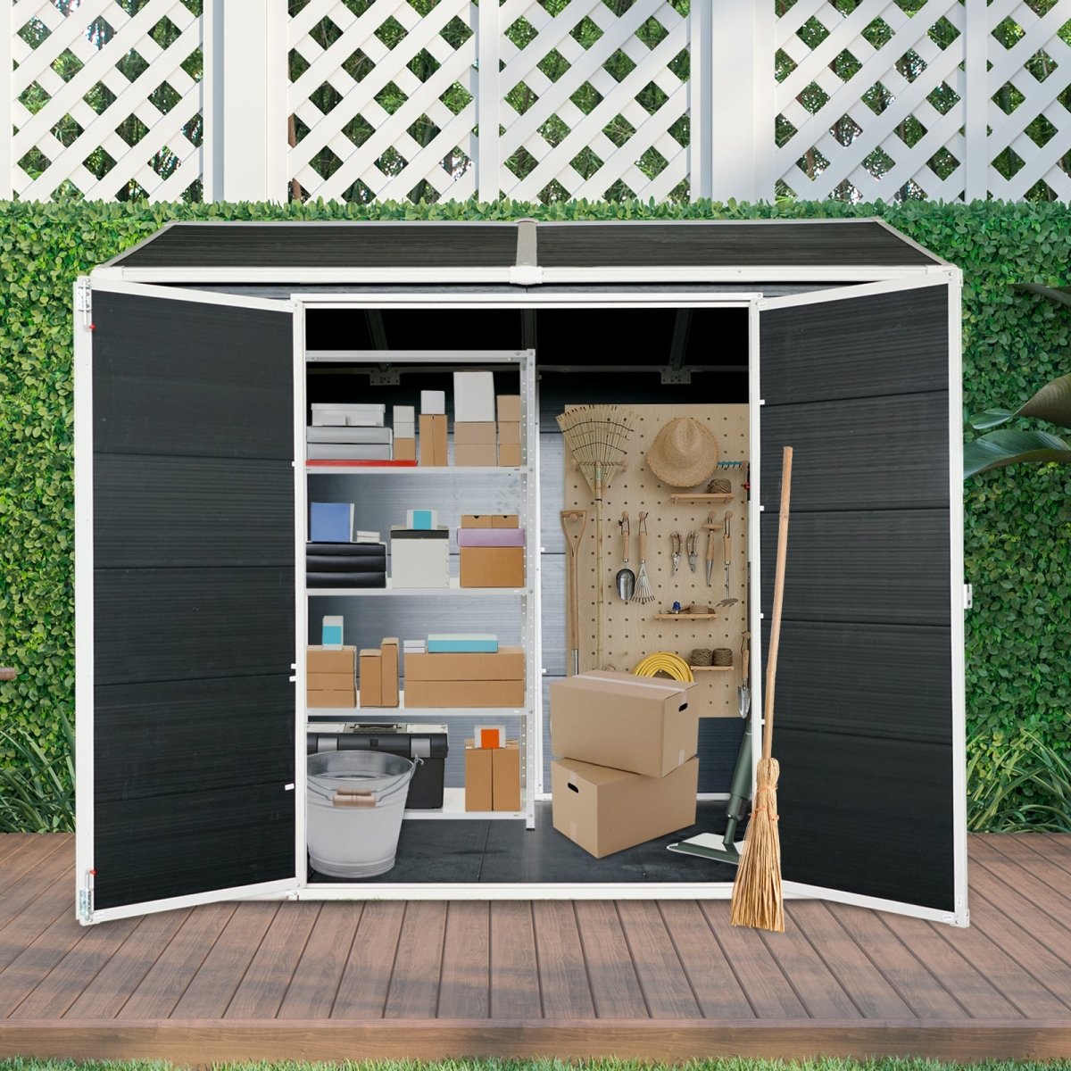8 x 6ft Resin Outdoor Storage Shed Waterproof Shed with Floor & Two Windows & Lockable Door, Tool Shed for Garden, Patio, Backyard ,Black - HomeDIYer