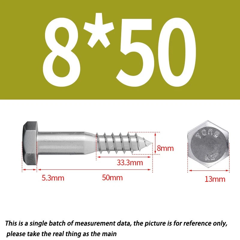 8mm M8 A2 STAINLESS STEEL SCREWS HEX HEAD LAG BOLTS WOOD SCREW BOLT DIN571