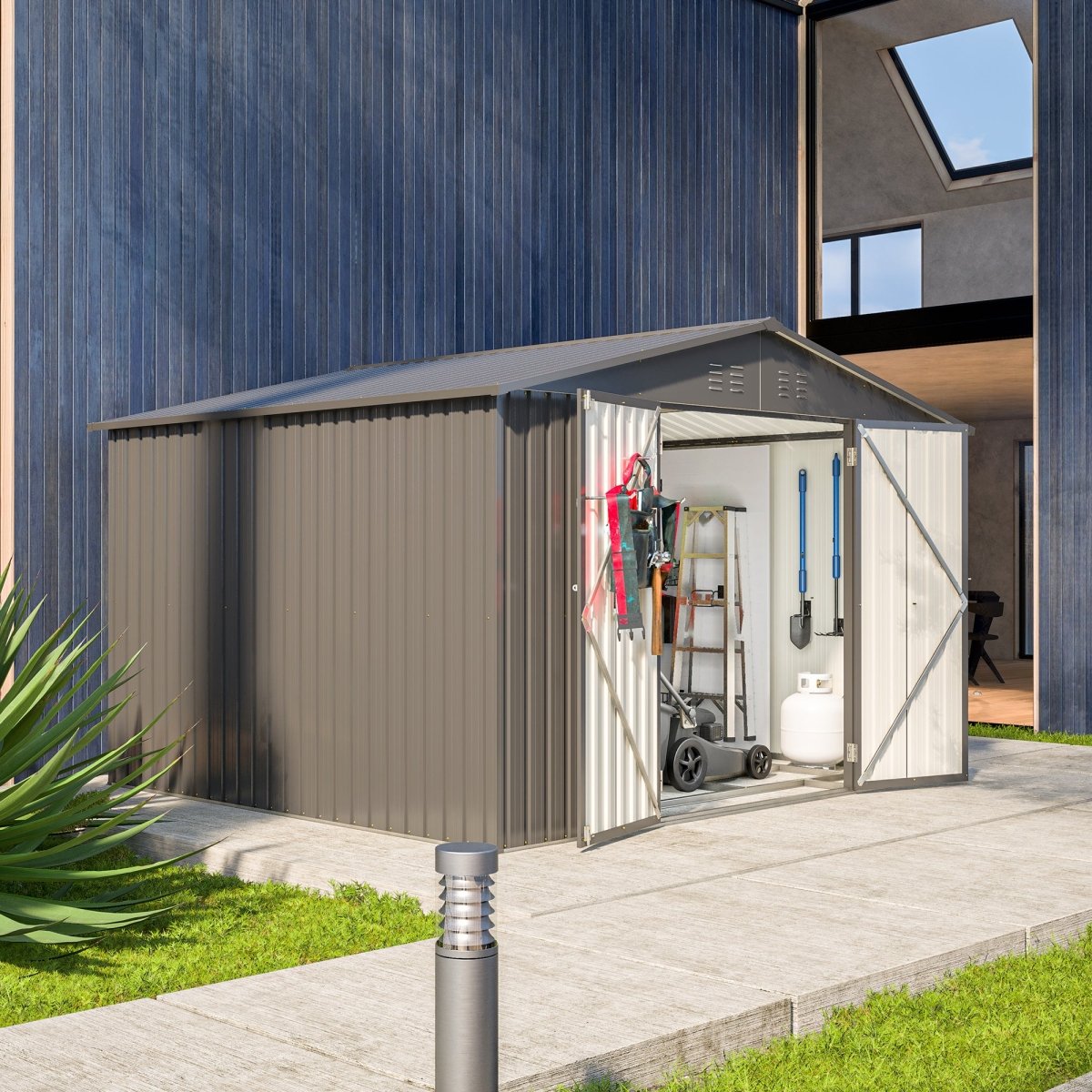 10X8 FT Outdoor Storage Shed, All Weather Metal Sheds with Lockable Doors, Tool Shed for Garden, Patio, Backyard, Lawn, Black - HomeDIYer