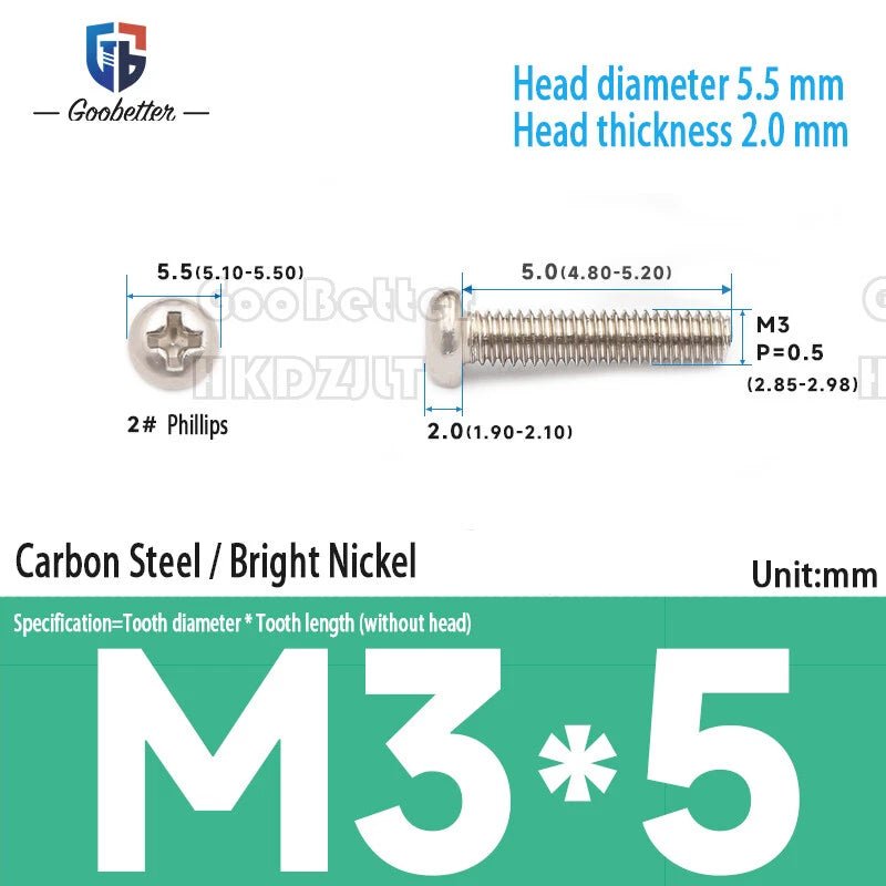 M3 Phillips Round Pan Head Machine Screws — Carbon Steel, 4–30mm, 100–500 PCS - HomeDIYer