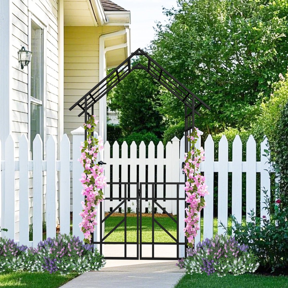 Metal Garden Arch with Gate W58.07*H97.24 Climbing Plants Support Rose Arch Outdoor Black - HomeDIYer