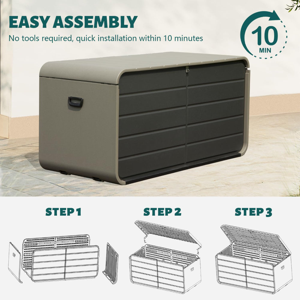 200 Gallon Plastic Deck Box – Waterproof Outdoor Storage Bench with Wheels & Hydraulic Lid, Gray