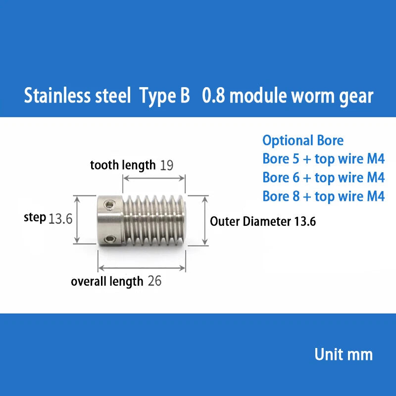 0.8 Module 20T to 60T Gear Copper Worm Wheel Gear & Worm Gear Shaft Bore 5-12mm
