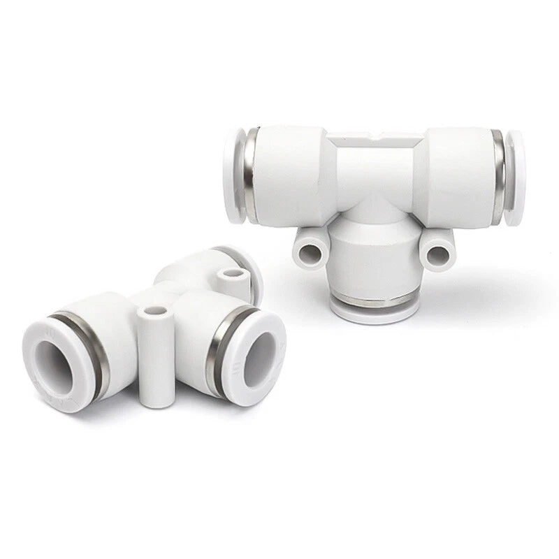 White Nylon Pneumatic Push-Fit Hose Connectors — X Shape, Y Shape, 5-Way & T Reducing