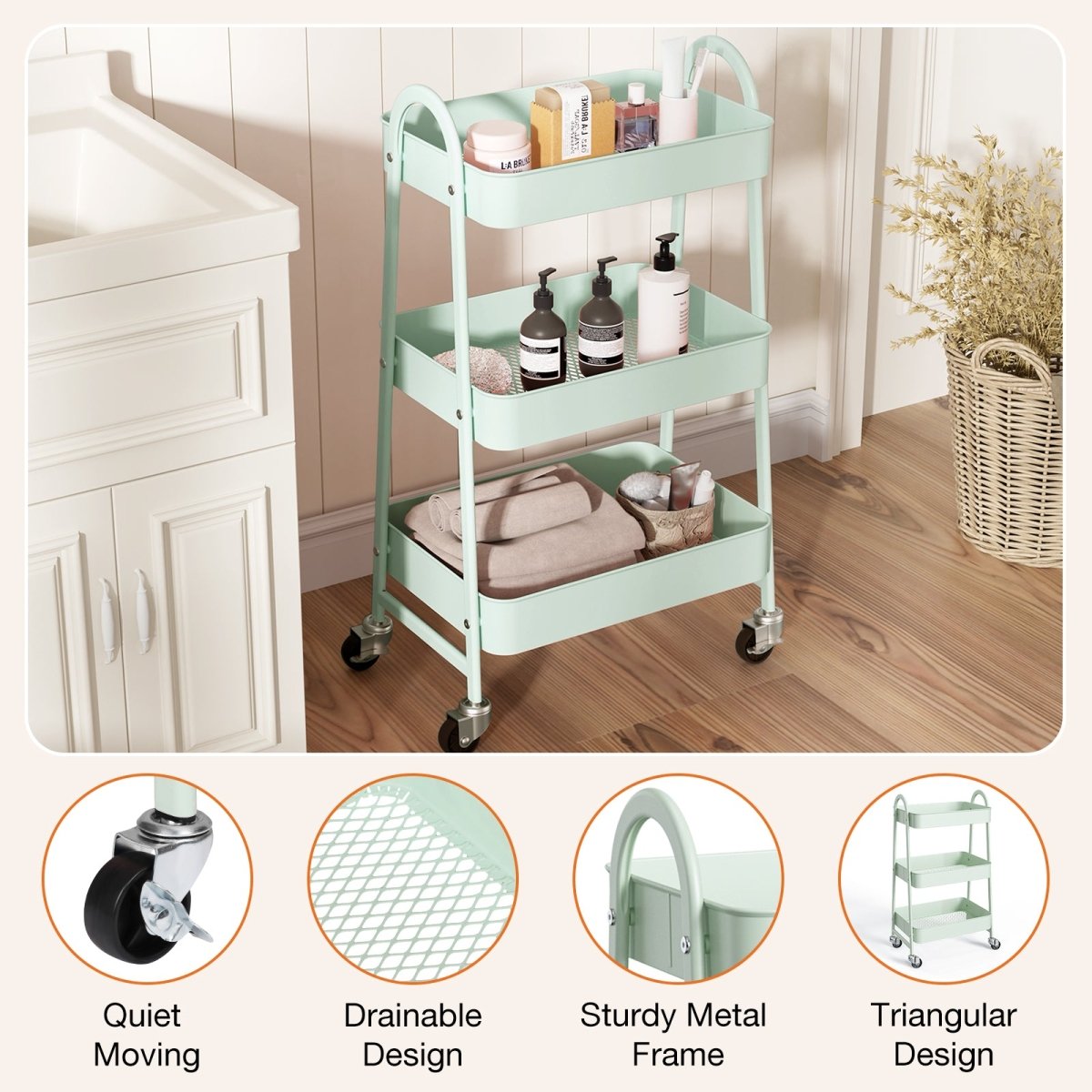 3 Tier Small Rolling Cart, Metal Utility Storage Organizer Kitchen Trolley Bathroom Laundry Room Bar Office Shelves - HomeDIYer