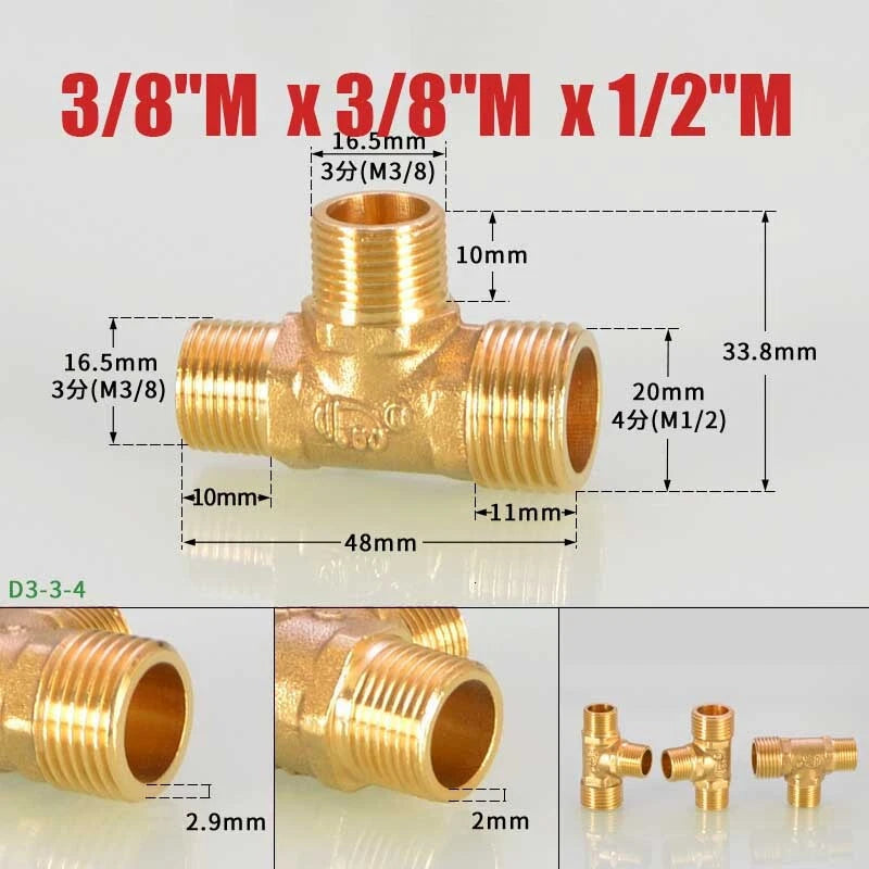 Brass BSP Tee Fitting 1/8" 1/4" 3/8" — Male Female Thread Pipe Connector