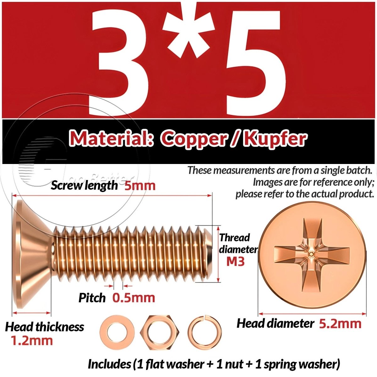 T2 Copper Pozi Countersunk Machine Screws with Flat Washer & Nut | M3–M10 - HomeDIYer