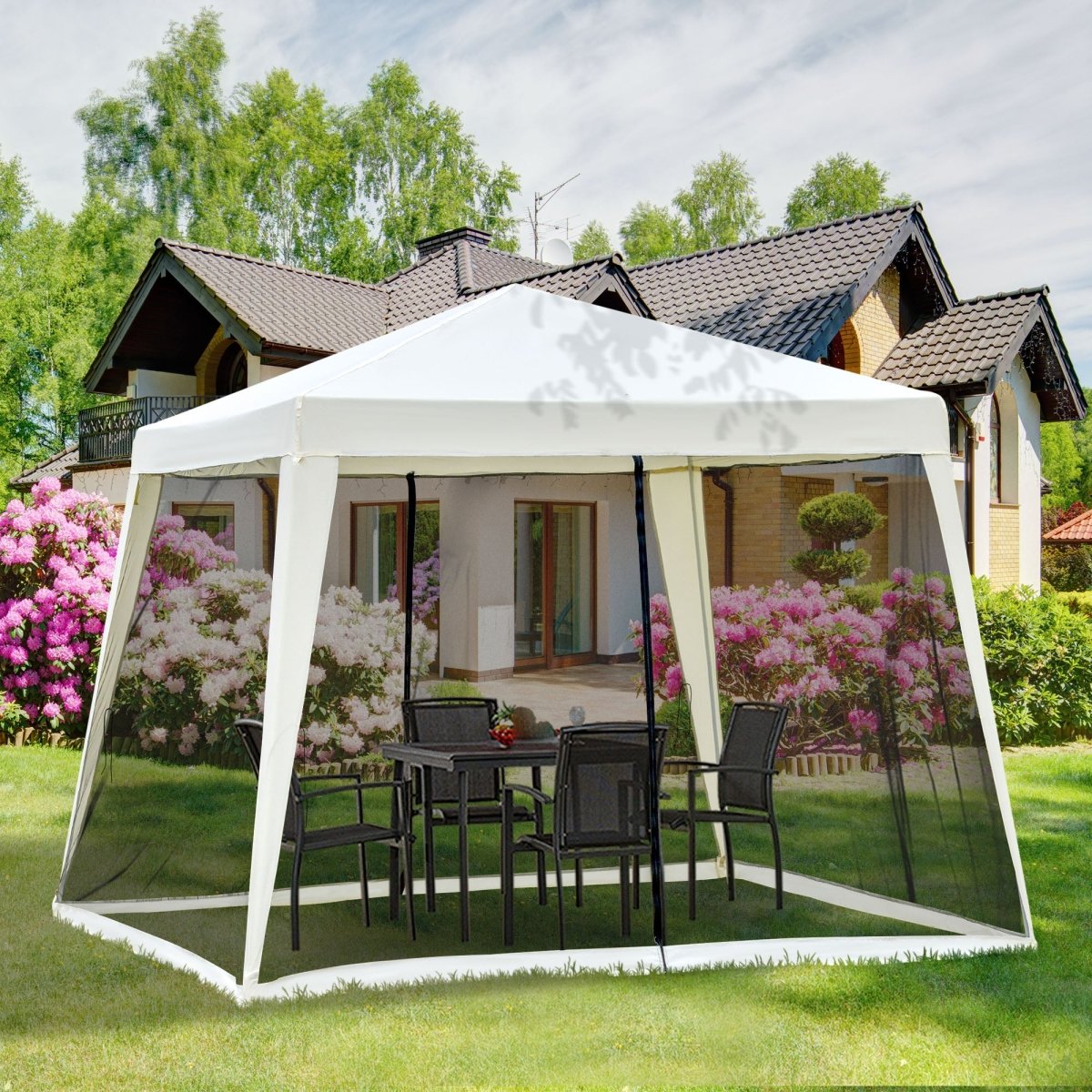 Outsunny 10'x10' Outdoor Canopy Tent, Slant Leg Sun Shelter with Mesh Sidewalls, Patio Tents for Parties, Cream White - HomeDIYer
