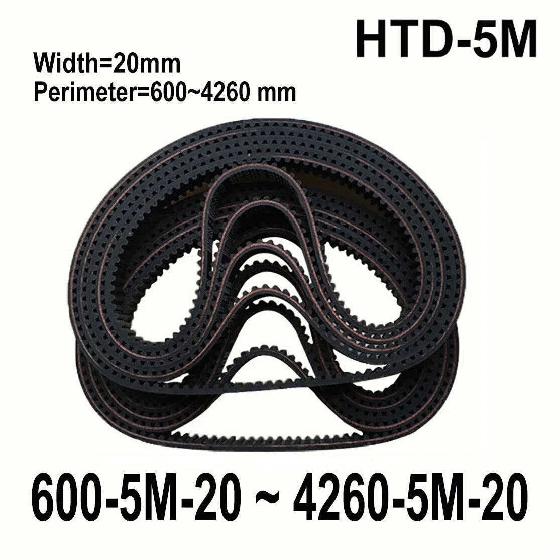 HTD 5M Timing Belt 20mm Wide — 600mm to 4260mm Closed Loop Rubber Drive Belt