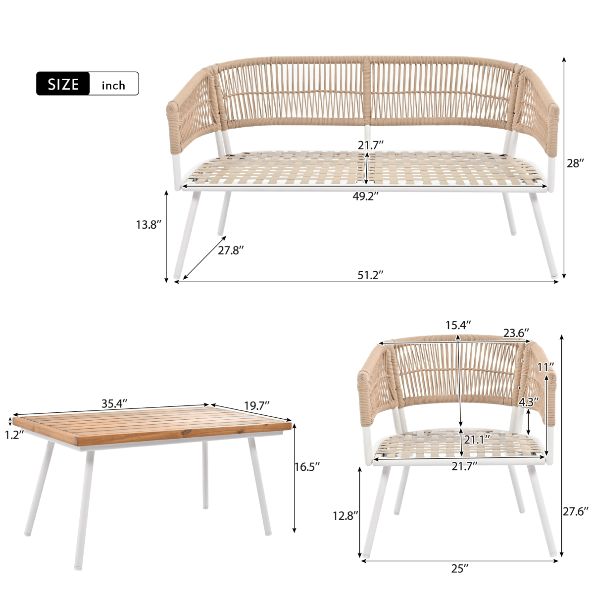 4 - Piece Boho Rope Patio Furniture Set, Outdoor Furniture with Acacia Wood Table, Patio Conversation Set with Deep Seating & Thick Cushion for Backyard Porch Balcony, Beige - HomeDIYer