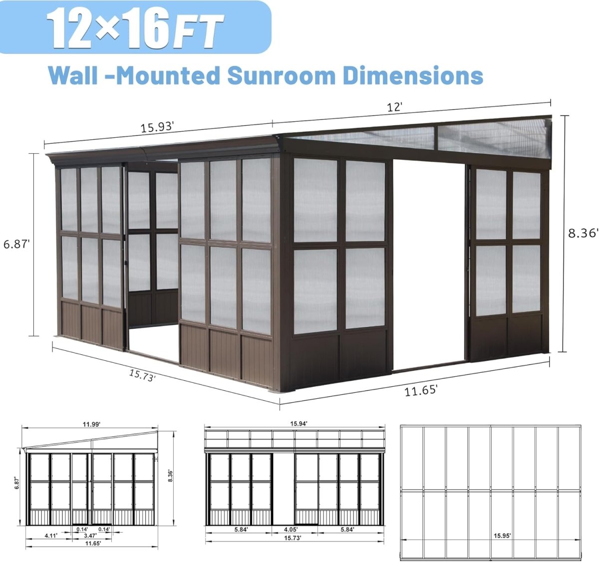 12x16FT All Season Sunroom, Outdoor Permanent Wall Mounted Solarium with Detachable Polycarbonate Windows, Aluminum Lean to Gazebo Sun Room with 2 Lockable Sliding Doors for Garden Patio Deck - HomeDIYer