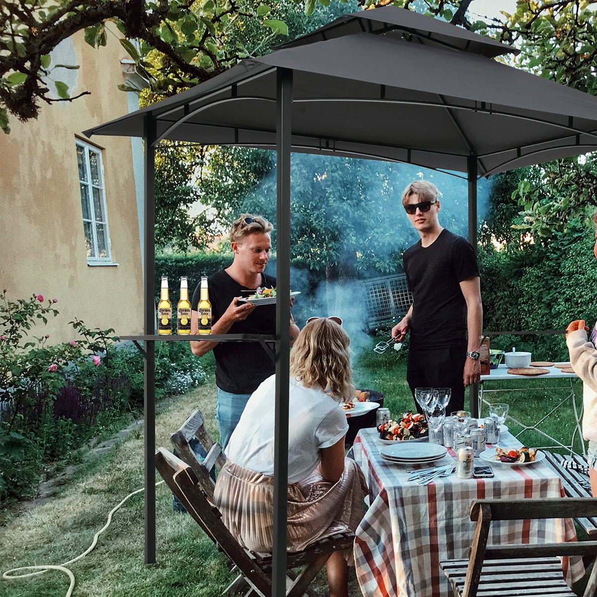 Outdoor Grill Gazebo 8 x 5 Ft, Shelter Tent, Double Tier Soft Top Canopy and Steel Frame with hook and Bar Counters - HomeDIYer