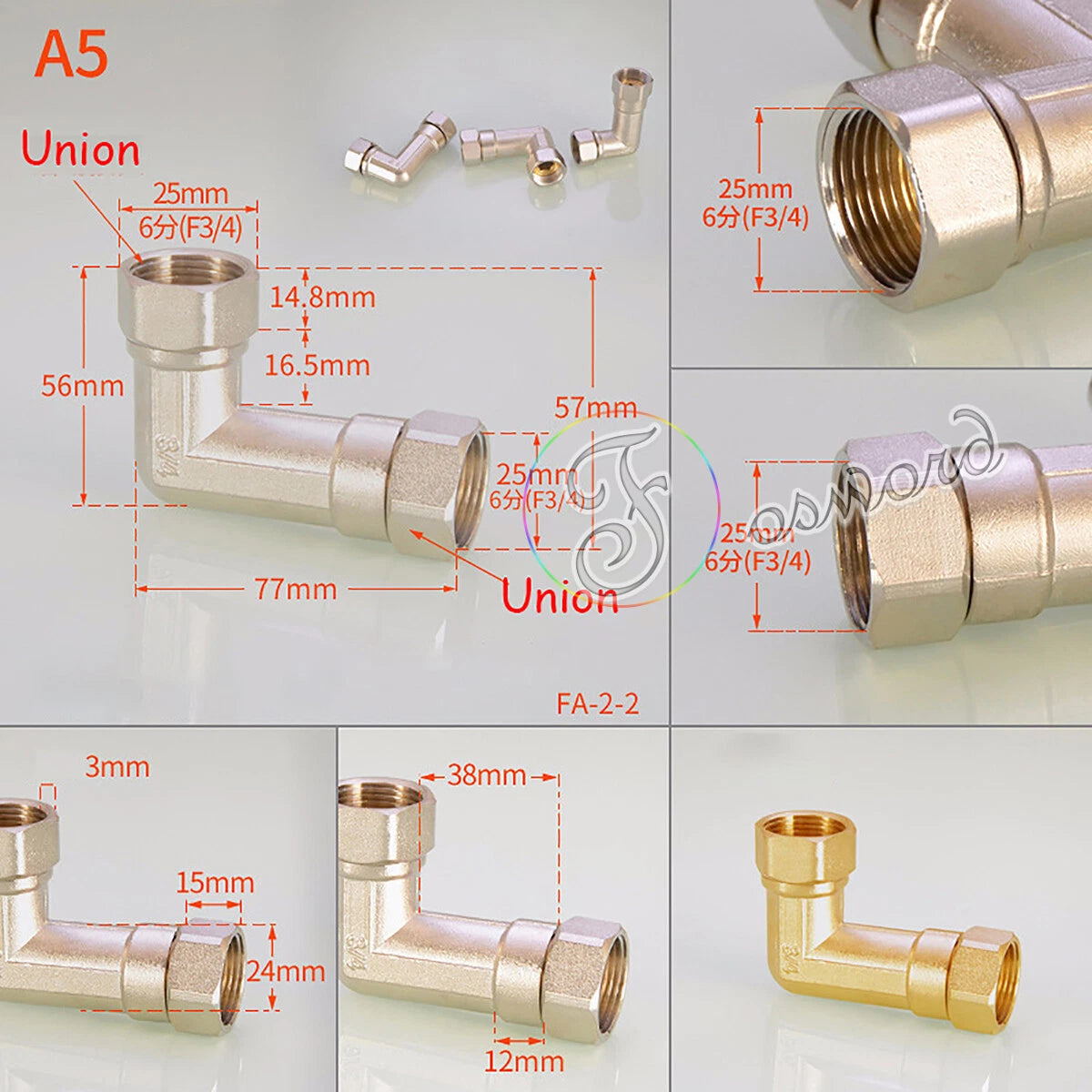 3/4" - 1/2" BSP Brass Pipe Fittings – Elbow 90°, Tee & Union Coupler, Male & Female Thread
