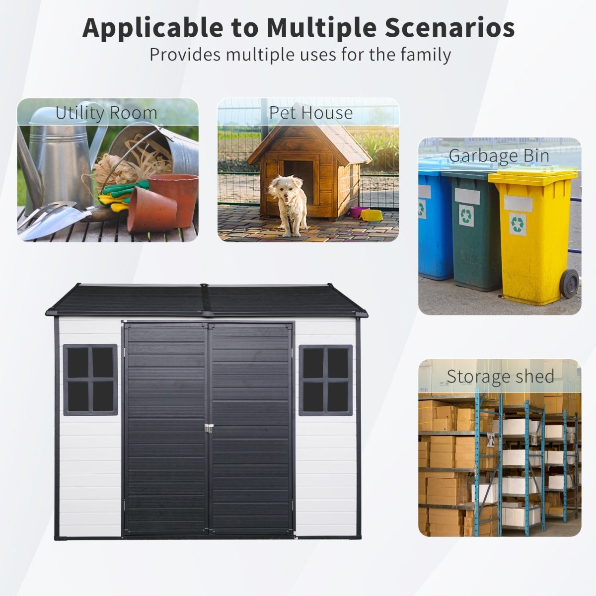 8 x 6 ft Resin Outdoor Storage Shed Waterproof Shed with Floor & Two Windows & Lockable Door, Tool Shed for Garden, Patio, Backyard,Grey White - HomeDIYer