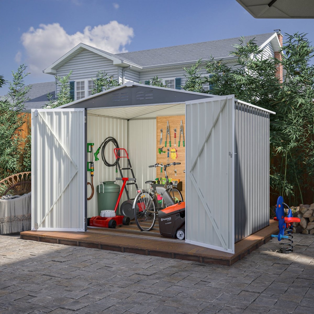 8 x 6 FT Outdoor Waterproof Garden Tool Storage Sheds with Metal Foundation with Floor Frame, Tool Shed with Lockable Hinged Doors & Air Vents, Storage House Waterproof for Backyard, Lawn, Gray - HomeDIYer