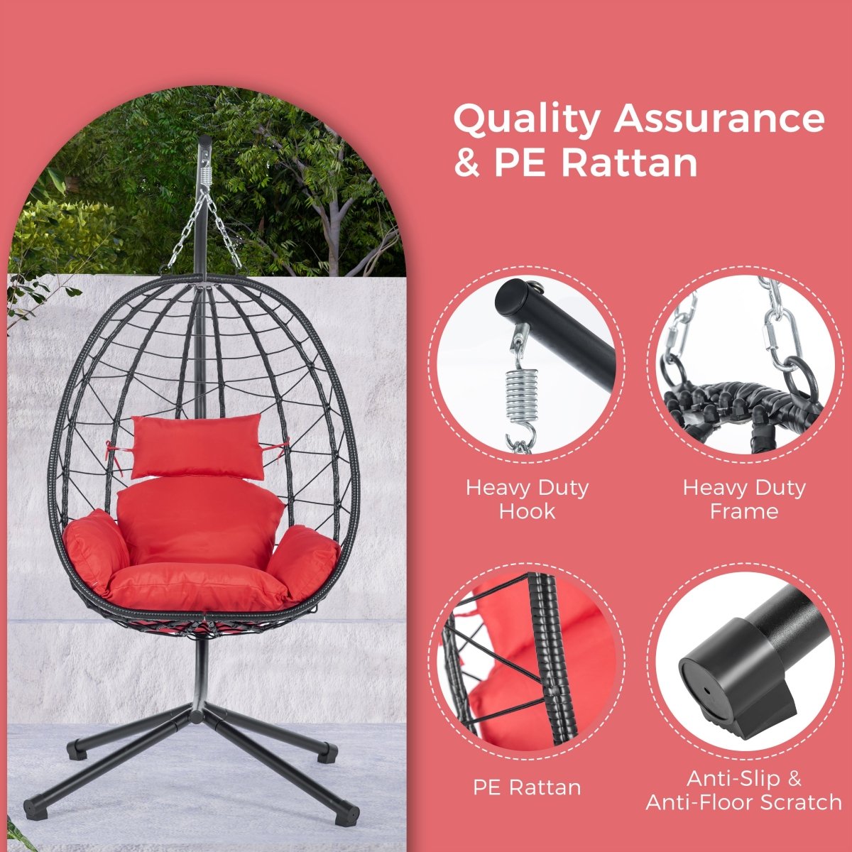Red Egg Chair with Stand - All - Weather Hanging Wicker Swing Chair - HomeDIYer