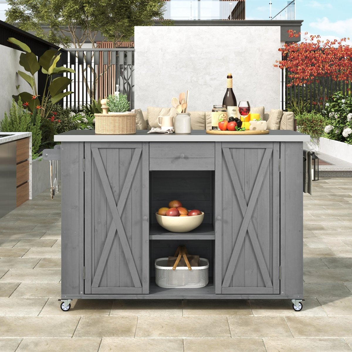 Grey Outdoor Kitchen Island with Stainless Steel Top | Foldable Fir Wood Prep Station - HomeDIYer