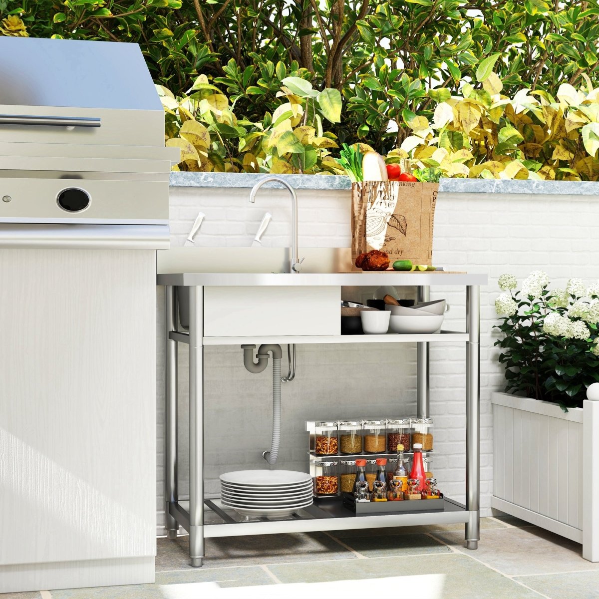 Outdoor Utility Sink, Deep Stainless Steel Sink, Free Standing Single Bowl Kitchen Sink with Cold and Hot Water Pipe and Storage Shelf for Laundry Garage, 39 Inch - HomeDIYer