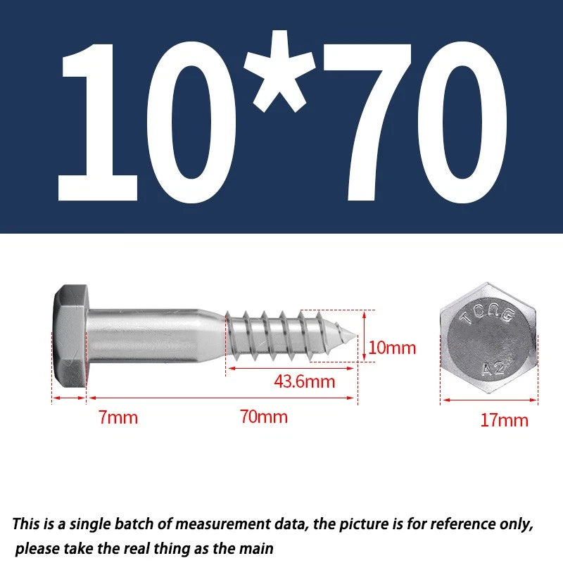 M10 10mm A2 STAINLESS STEEL SCREWS HEX HEAD LAG BOLTS WOOD SCREW BOLT DIN571
