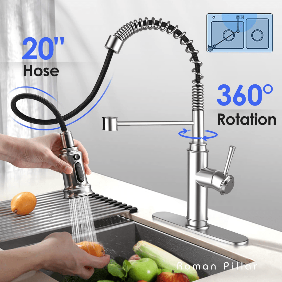 Kitchen Faucet - Spring Kitchen Sink Faucet with 3 Modes Pull Down Sprayer, Single Handle&Deck Plate for 1or3 Holes, 360° Rotation, Spot Resist Stainless Steel No Lead for RV Bar Home - HomeDIYer