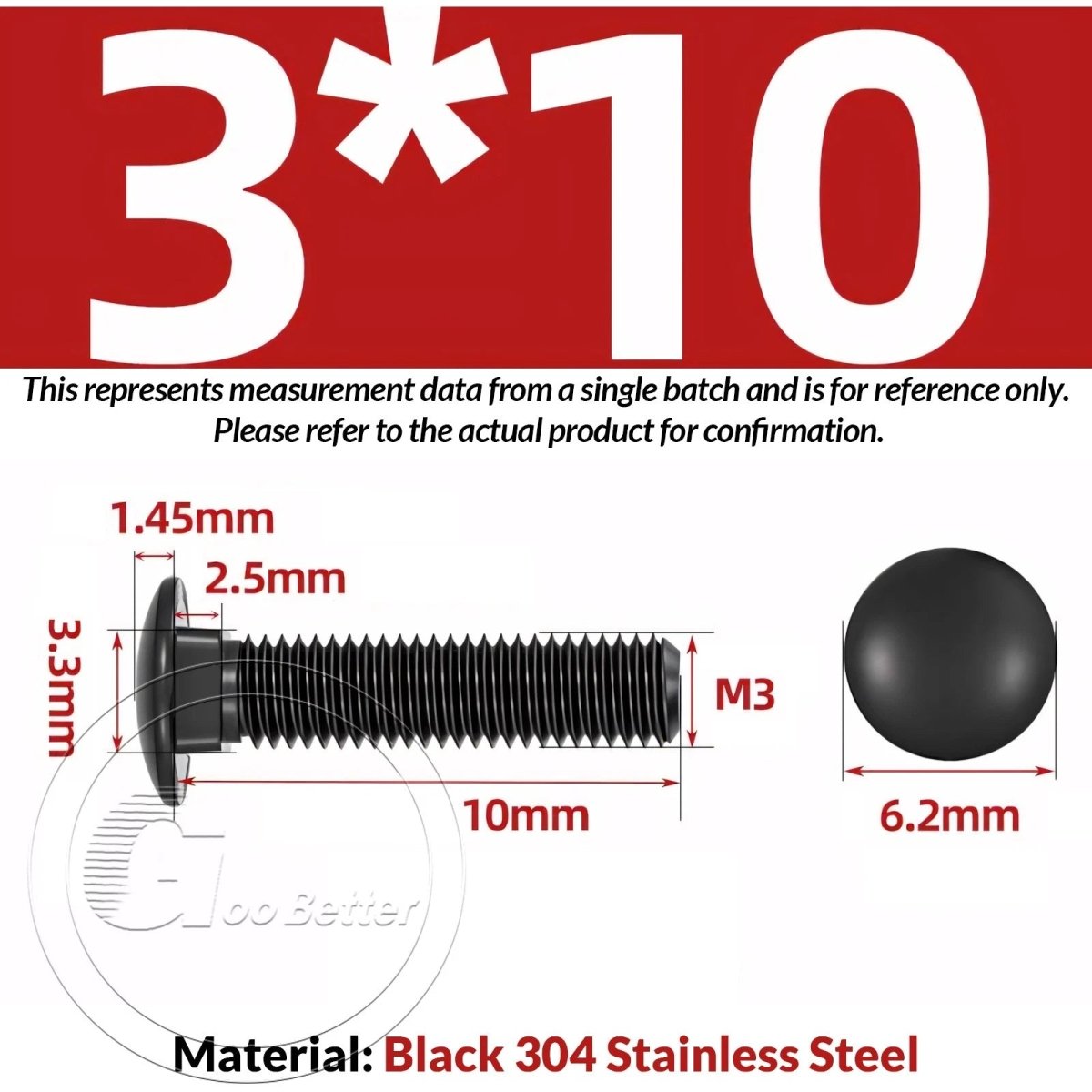 Black Carriage Bolts M3 M4 M5 M6 — Cup Square Domed Head, A2 - 70 Stainless Steel - HomeDIYer