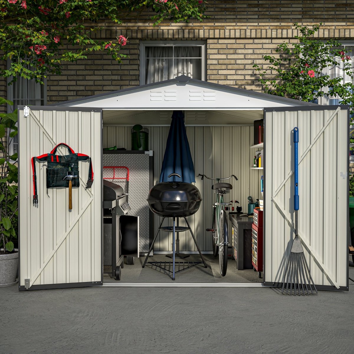 8 x 6 ft Outdoor Storage Shed, All Weather Metal Sheds with 2 Lockable Doors, Tool Shed for Garden, Backyard, Lawn,White - HomeDIYer