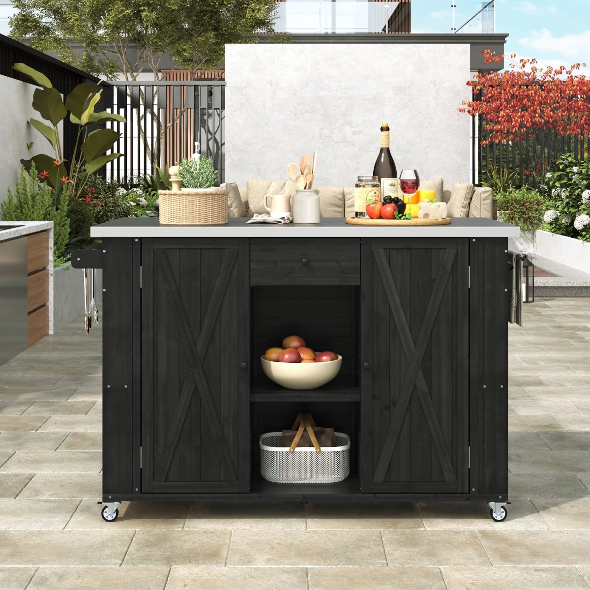 Outdoor Kitchen Island with Stainless Steel Top | Foldable Fir Wood Prep Statio - HomeDIYer
