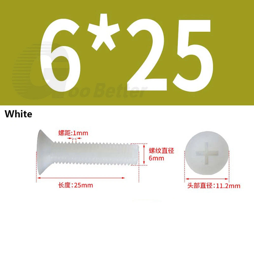 Nylon Phillips Countersunk Machine Screws – M2.5 M3 M4 M5 M6 M8, White or Black (5–40mm)