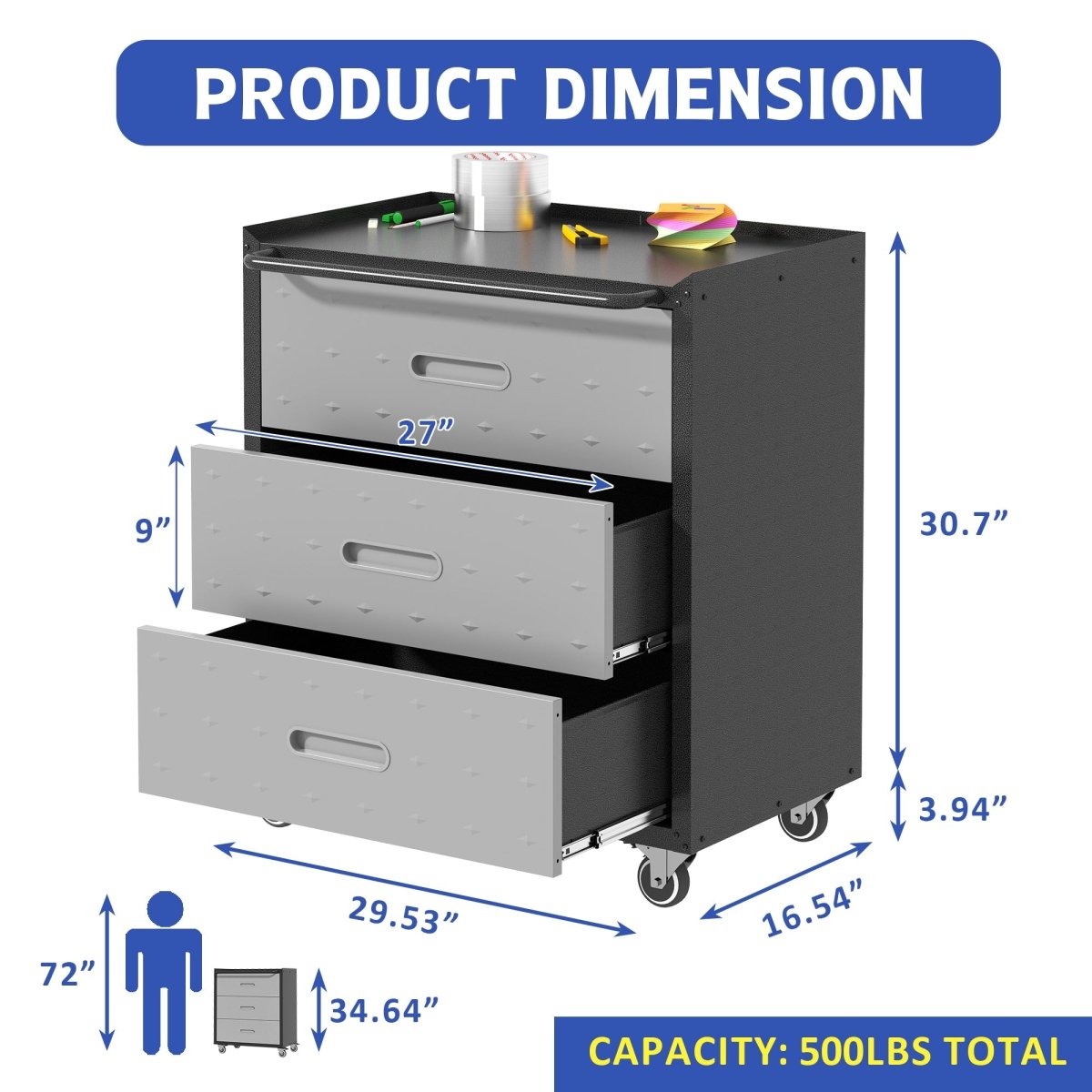 Heavy - Duty Metal Storage Cabinet with Wheels - 3 Drawer Tool Cabinet for Garage, Office, and Home Organizer Solutions, Black/Gray - HomeDIYer
