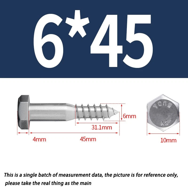 6mm M6 A2 STAINLESS STEEL SCREWS HEX HEAD LAG BOLTS WOOD SCREW BOLT DIN571