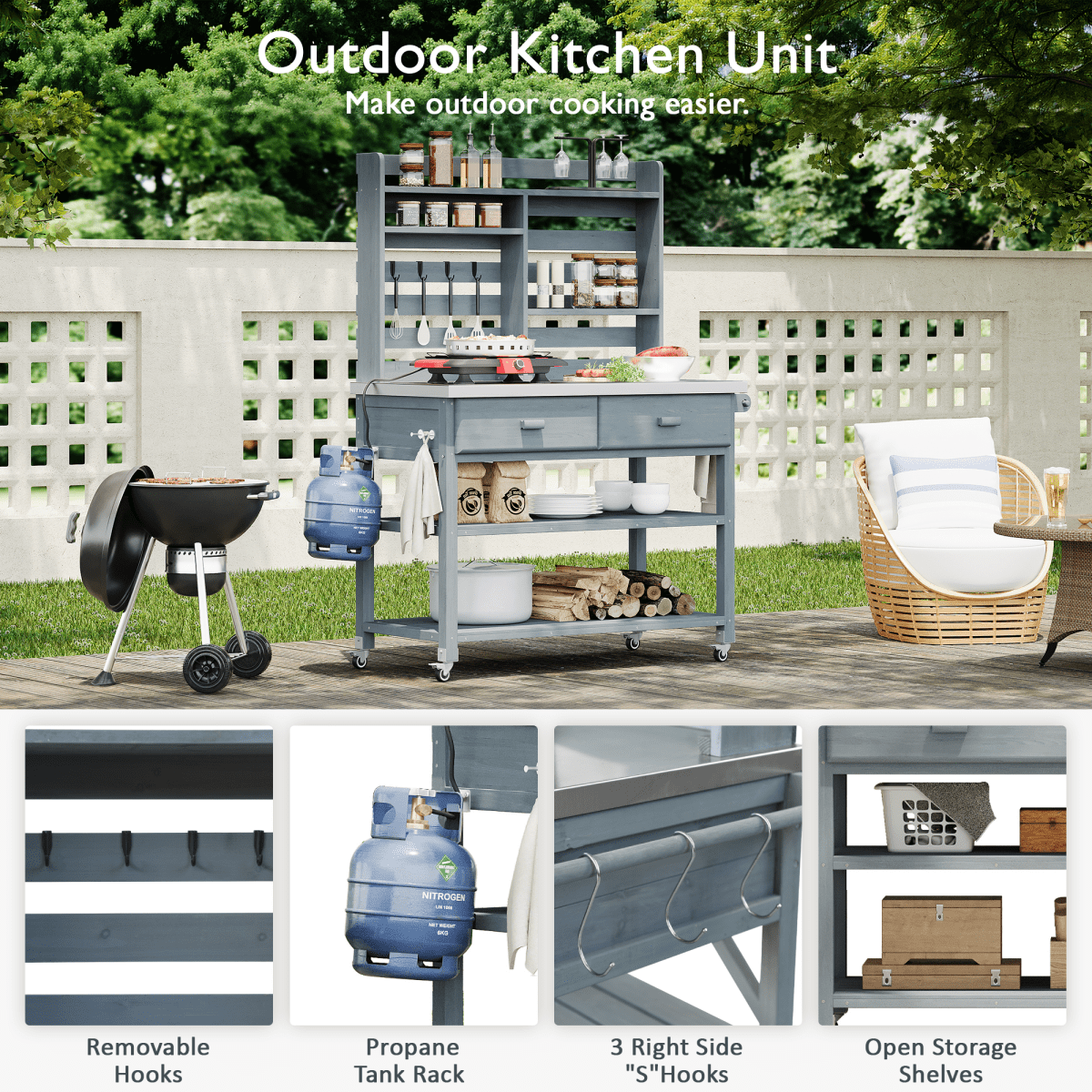 64.9"H Outdoor Potting Bench Table with Lockable Wheels, Solid Wood Outdoor Kitchen Island with Upper Hutch, Stainless Steel Top, Towel Rack ,Outdoor Storage for Grilling, Lawn Garden - Grey Blue - HomeDIYer