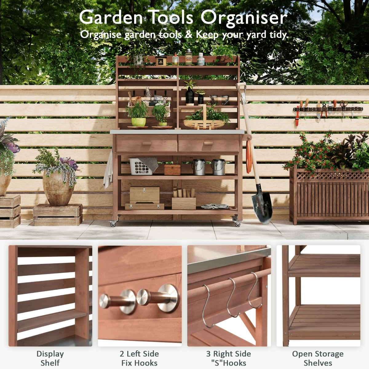 64.9"H Outdoor Potting Bench Table with Lockable Wheels, Solid Wood Outdoor Kitchen Island with Upper Hutch, Stainless Steel Top, Towel Rack ,Outdoor Storage for Grilling, Lawn Garden - Brown - HomeDIYer