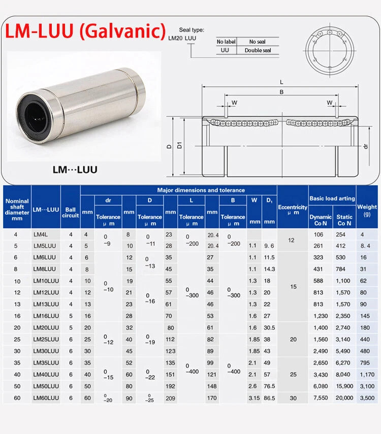 Linear Motion Ball Bearing LM3UU~LM60UU Slide Open Bushing Motion Ball Bearings