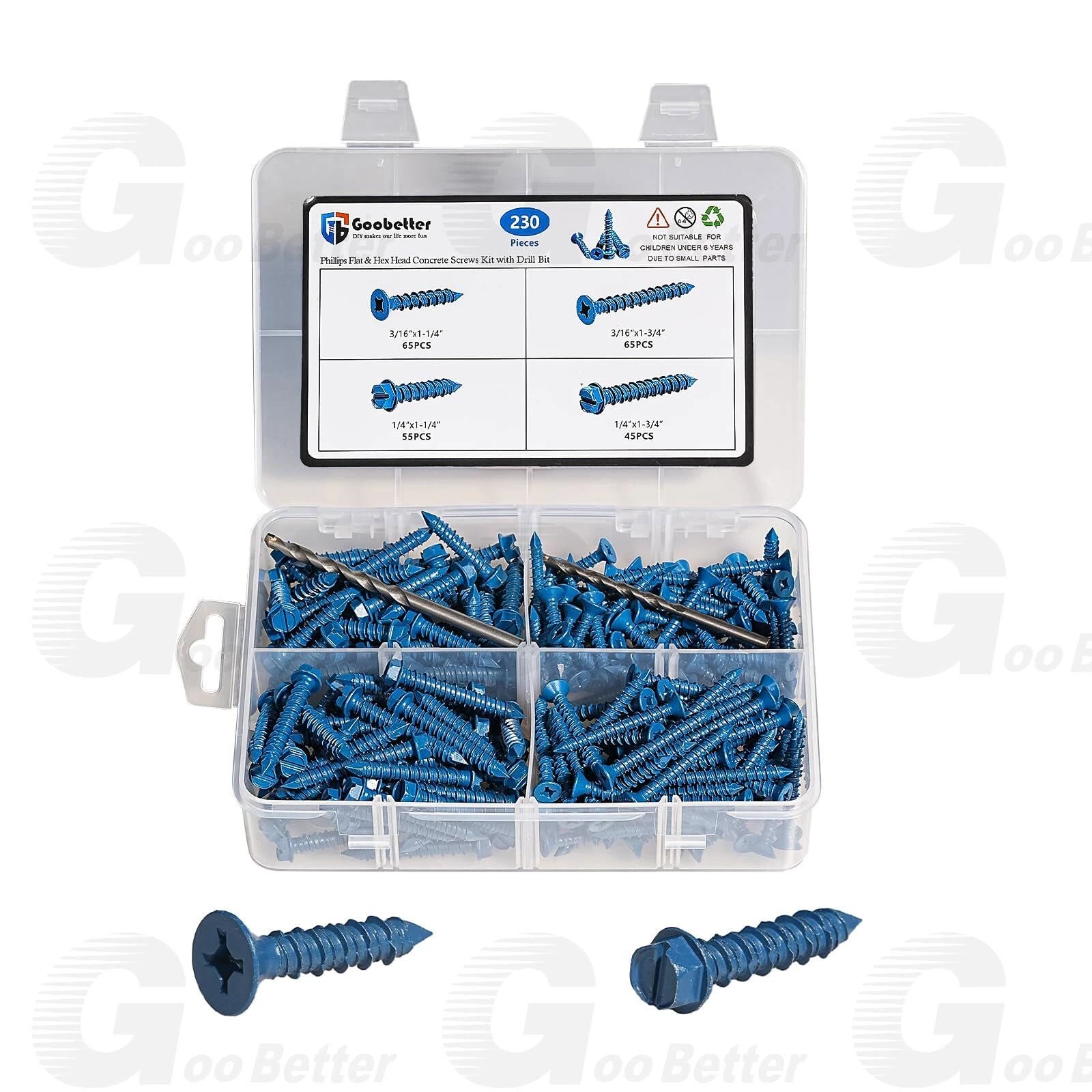 230Pcs Hex Washer Head 1/4" 3/16" Concrete Masonry Screws Set Tapcon Anchor Bit