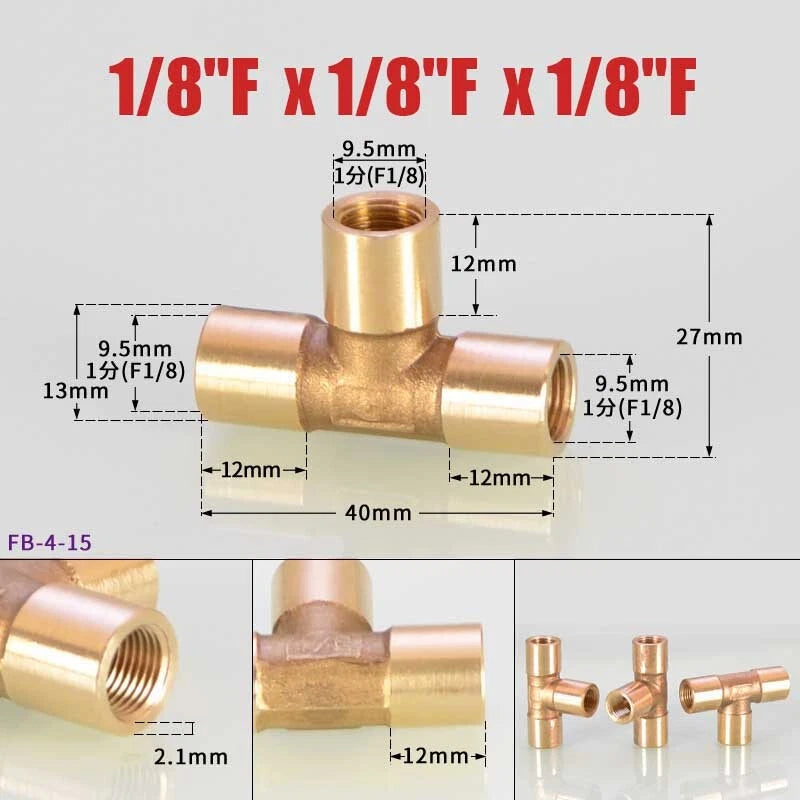 Brass BSP Tee Fitting 1/8" 1/4" 3/8" — Male Female Thread Pipe Connector