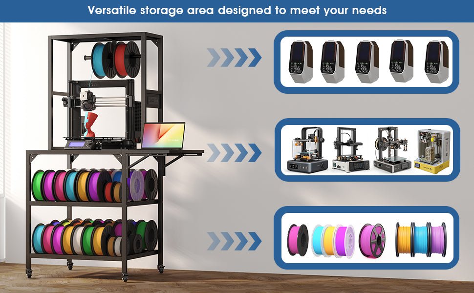 3D Printer Stand, Heavy Duty 3D Printer Table Stand with Filament Storage Rack, T - Shaped Spools Holder Rack with Wheels,3D Printer Workbench for 3D Printing Studio, Home Office Workshop - HomeDIYer