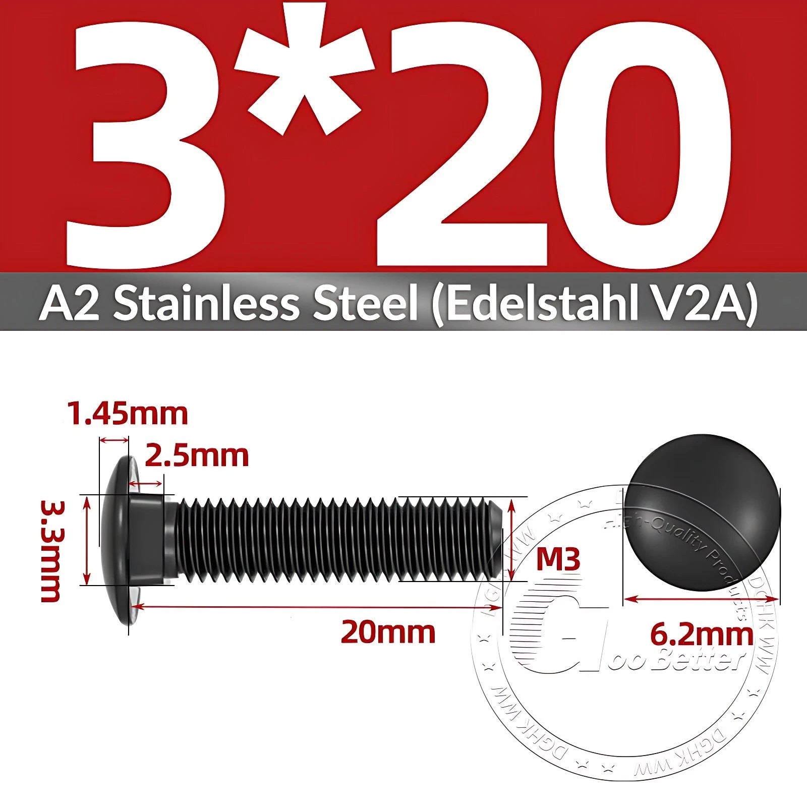 Black Stainless Steel Carriage Bolts M3–M12 | A2 Cup Square Dome Screws