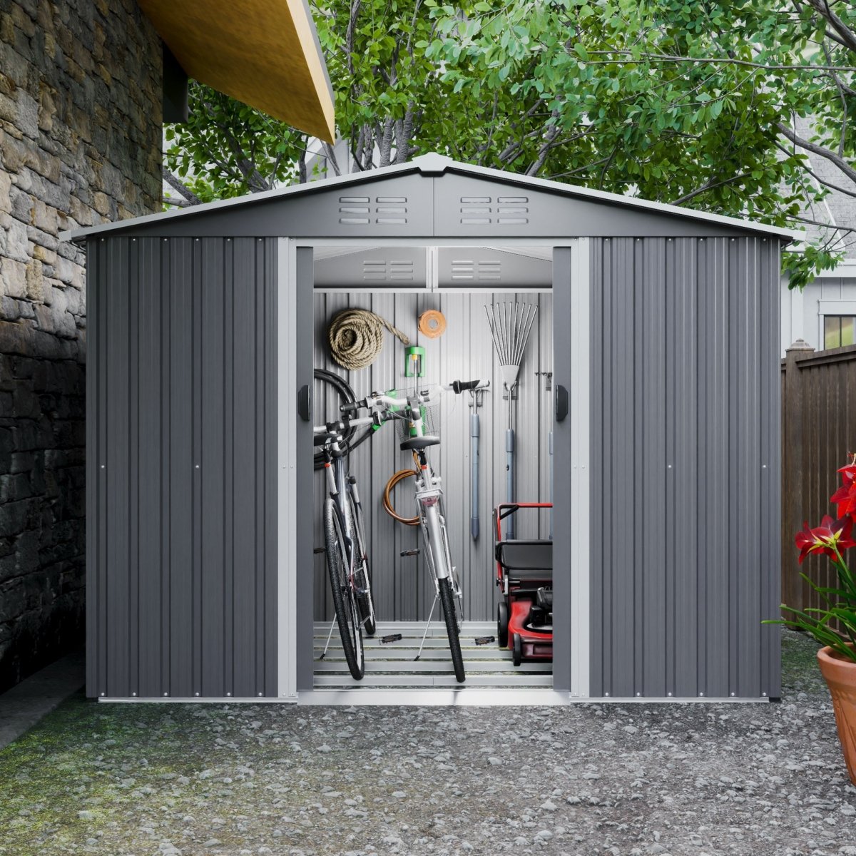 8x6 FT Outdoor Tool Storage Shed with Metal Foundation & Lockable Doors, All Weather Metal Sheds for Garden, Patio, Backyard, Lawn, Gray - HomeDIYer