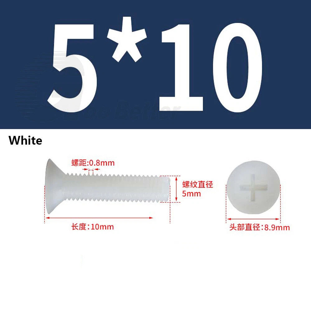 Nylon Phillips Countersunk Machine Screws – M2.5 M3 M4 M5 M6 M8, White or Black (5–40mm)