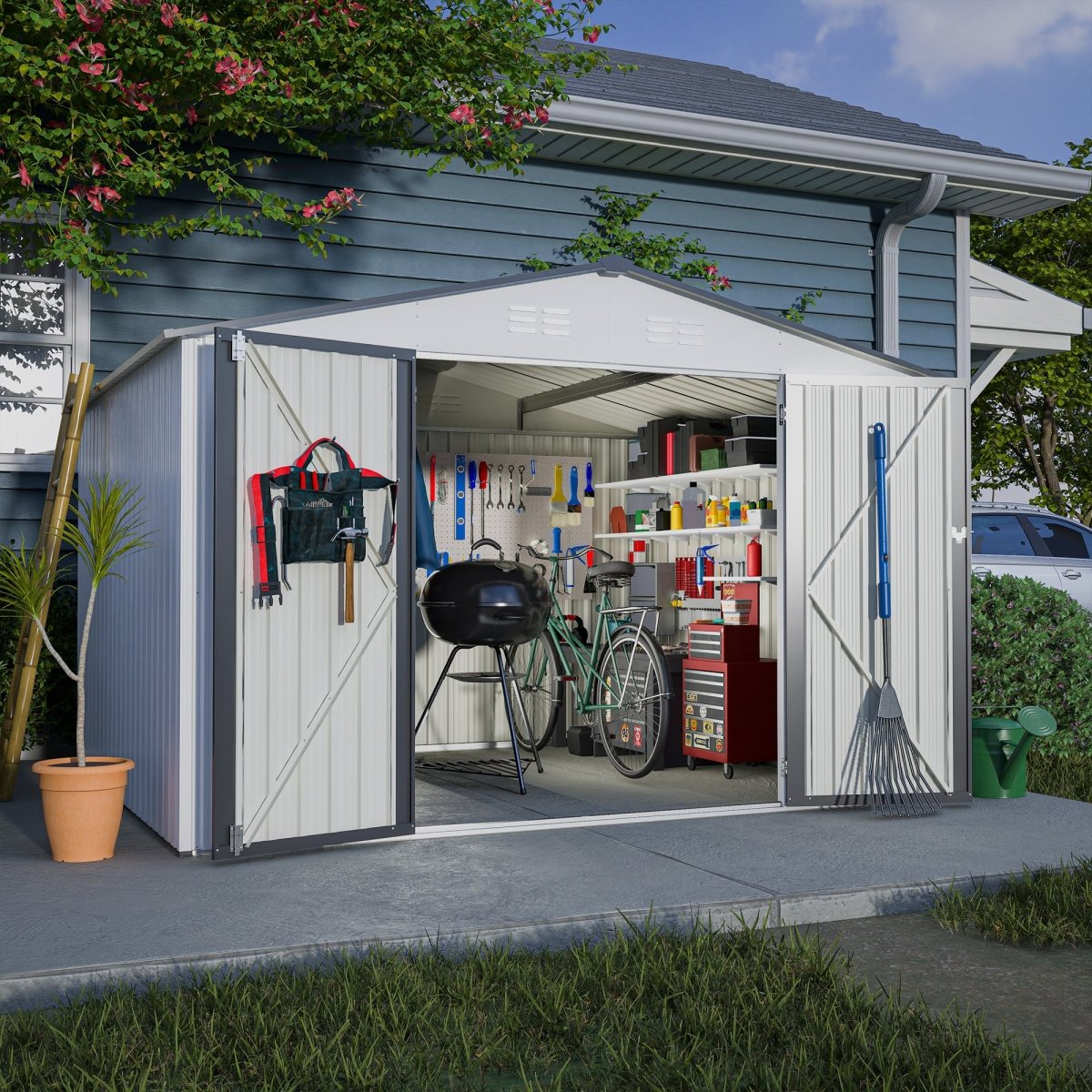 10X8 FT Outdoor Storage Shed, All Weather Metal Sheds with Lockable Doors, Tool Shed for Garden, Patio, Backyard, Lawn, Grey - HomeDIYer