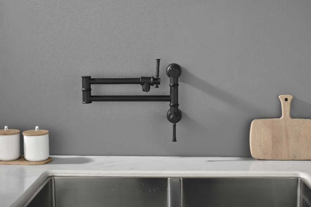Wall Mounted Pot Filler Faucet – Matte Black, Two-Attachment Folding Swing Arm, Dual Handle, Solid Brass