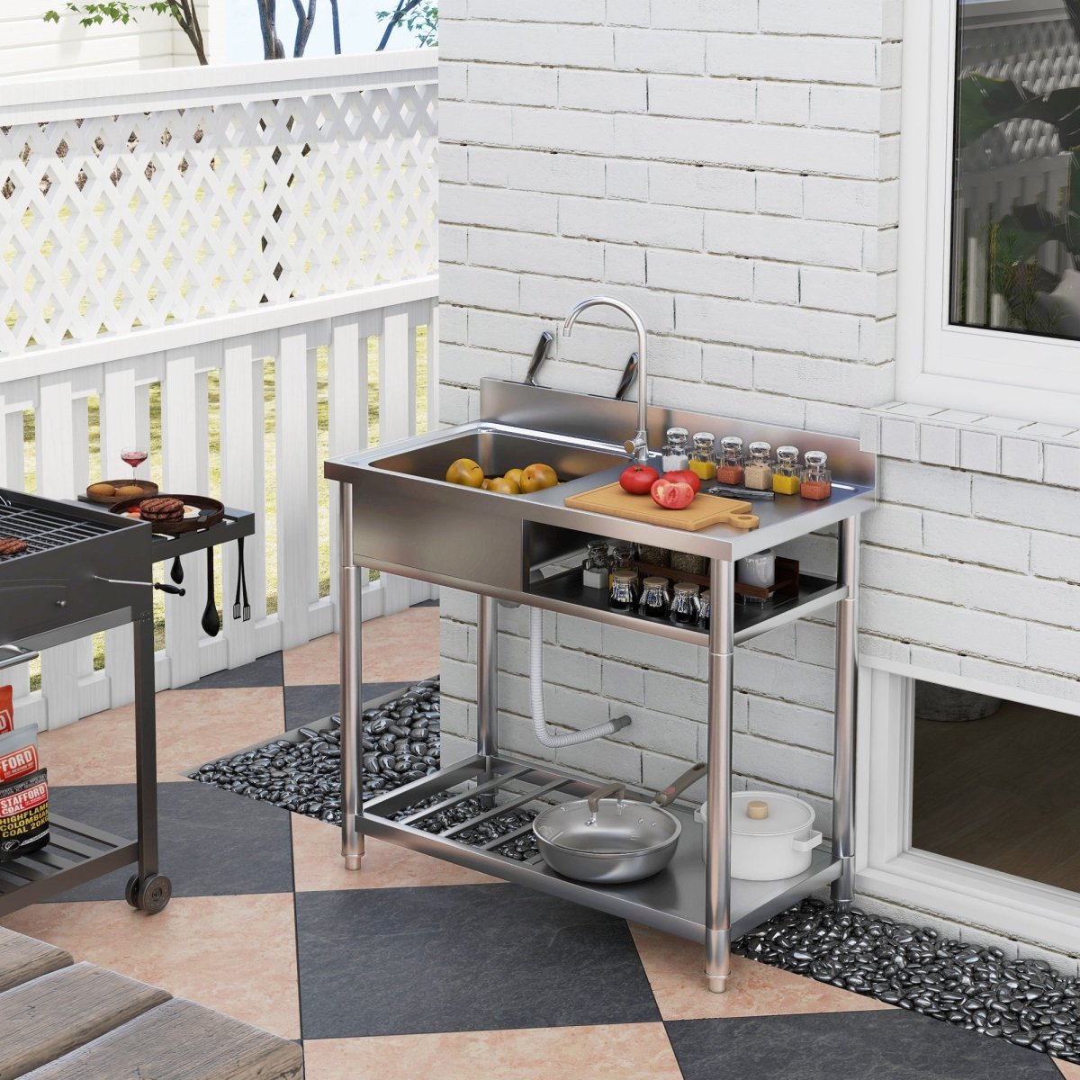 Outdoor Utility Sink, Deep Stainless Steel Sink, Free Standing Single Bowl Kitchen Sink with Cold and Hot Water Pipe and Storage Shelf for Laundry Garage, 39 Inch - HomeDIYer