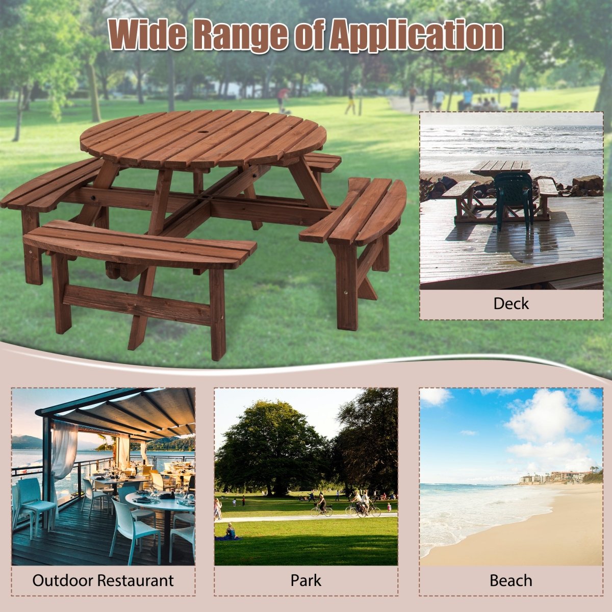 8 Person Wooden Picnic Table, Outdoor Camping Dining Table with Seat, Garden, DIY w/ 4 Built - in Benches, 2220lb Capacity - HomeDIYer