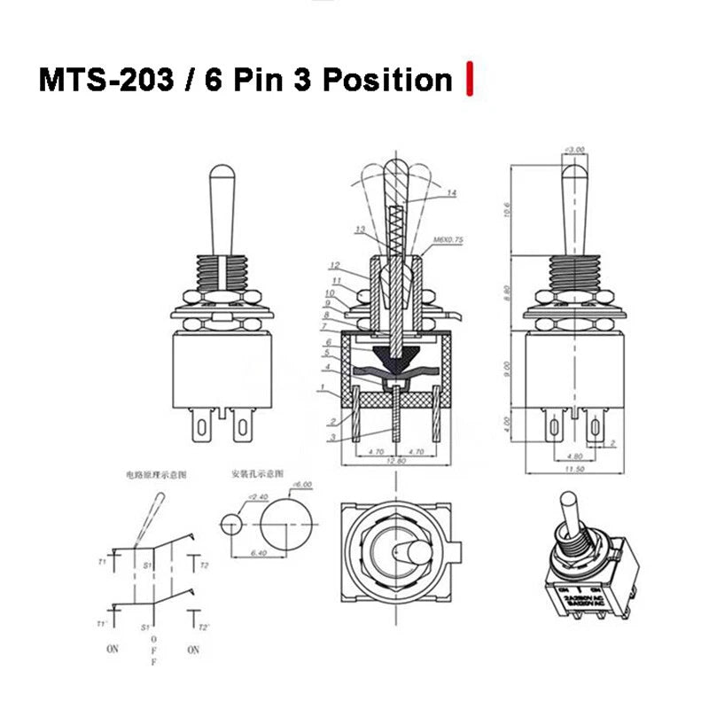 MTS Series Toggle Switch SPDT — 3/6/9/12 Pin, 2/3 Position, ON-ON & Momentary, AC 2A 250V 5A 120V
