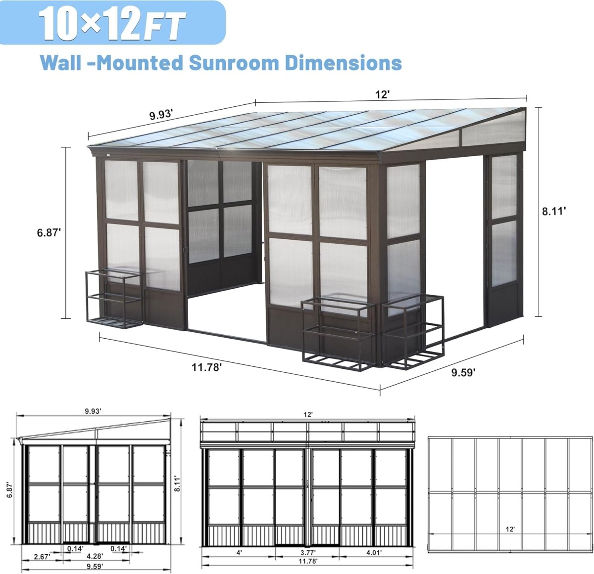 10x12FT All Season Sunroom, Outdoor Permanent Wall Mounted Solarium with Detachable Polycarbonate Windows, Aluminum Lean to Gazebo Sun Room with 2 Lockable Sliding Doors for Garden Patio Deck - HomeDIYer