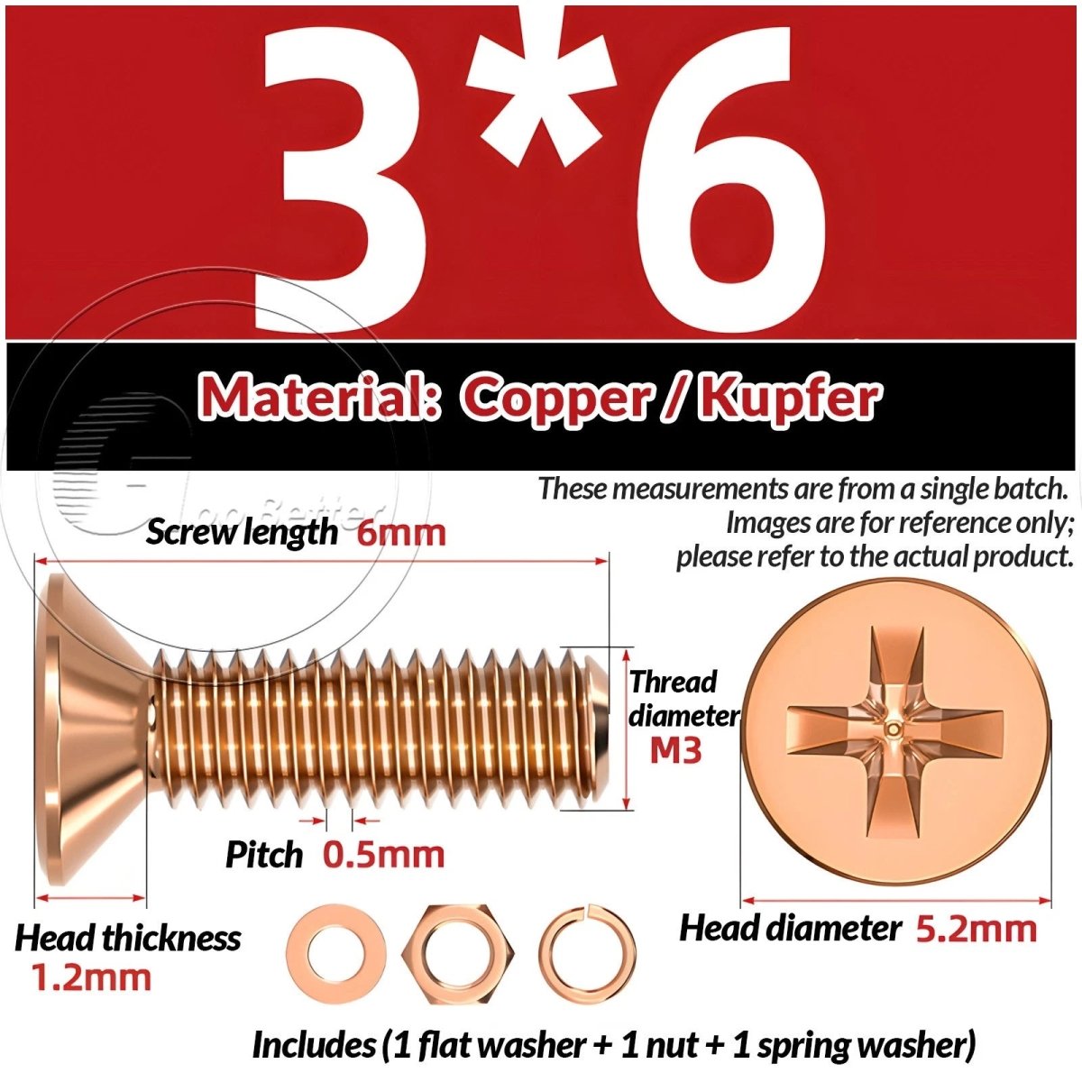 T2 Copper Pozi Countersunk Machine Screws with Flat Washer & Nut | M3–M10 - HomeDIYer