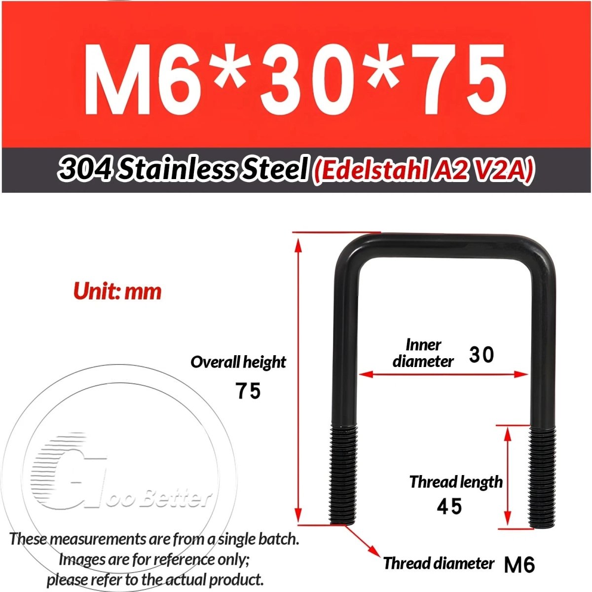 Black Square U - Bolts 304 Stainless Steel Fixing Clamp — M6 M8 M10 - HomeDIYer