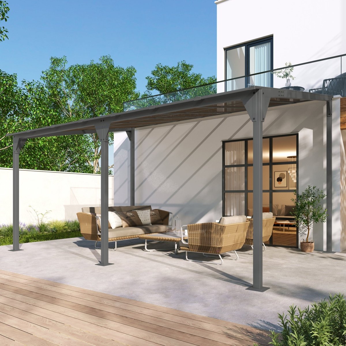 Wall - Mounted Gazebo 14.76*9.22 FT Patio Cover Lean - to Awning with Powder - Coated Iron Frame and with PC Roof Panels Outdoor Sloped Design Shelter for Deck, Garden, Backyard, Gray - HomeDIYer