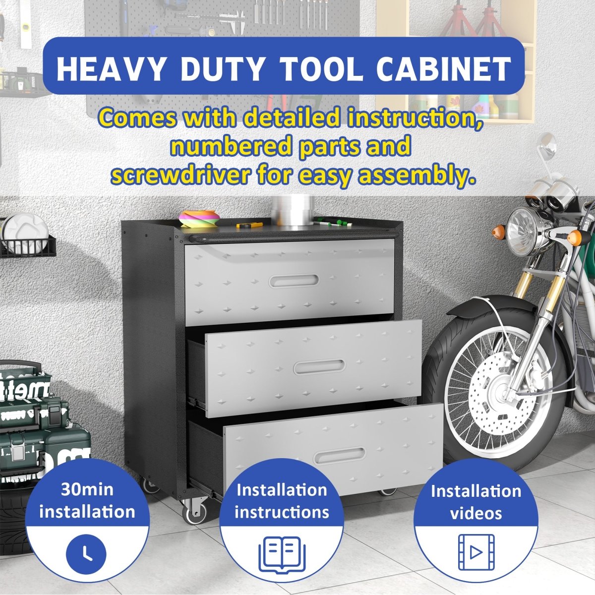 Heavy - Duty Metal Storage Cabinet with Wheels - 3 Drawer Tool Cabinet for Garage, Office, and Home Organizer Solutions, Black/Gray - HomeDIYer