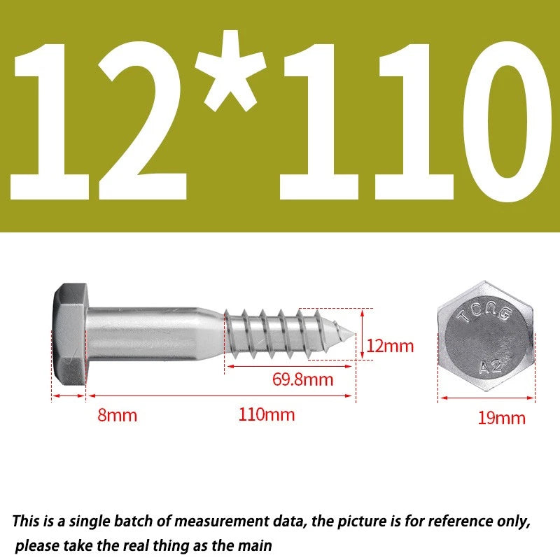 12mm M12 A2 STAINLESS STEEL SCREWS HEX HEAD LAG BOLTS WOOD SCREW BOLT DIN571